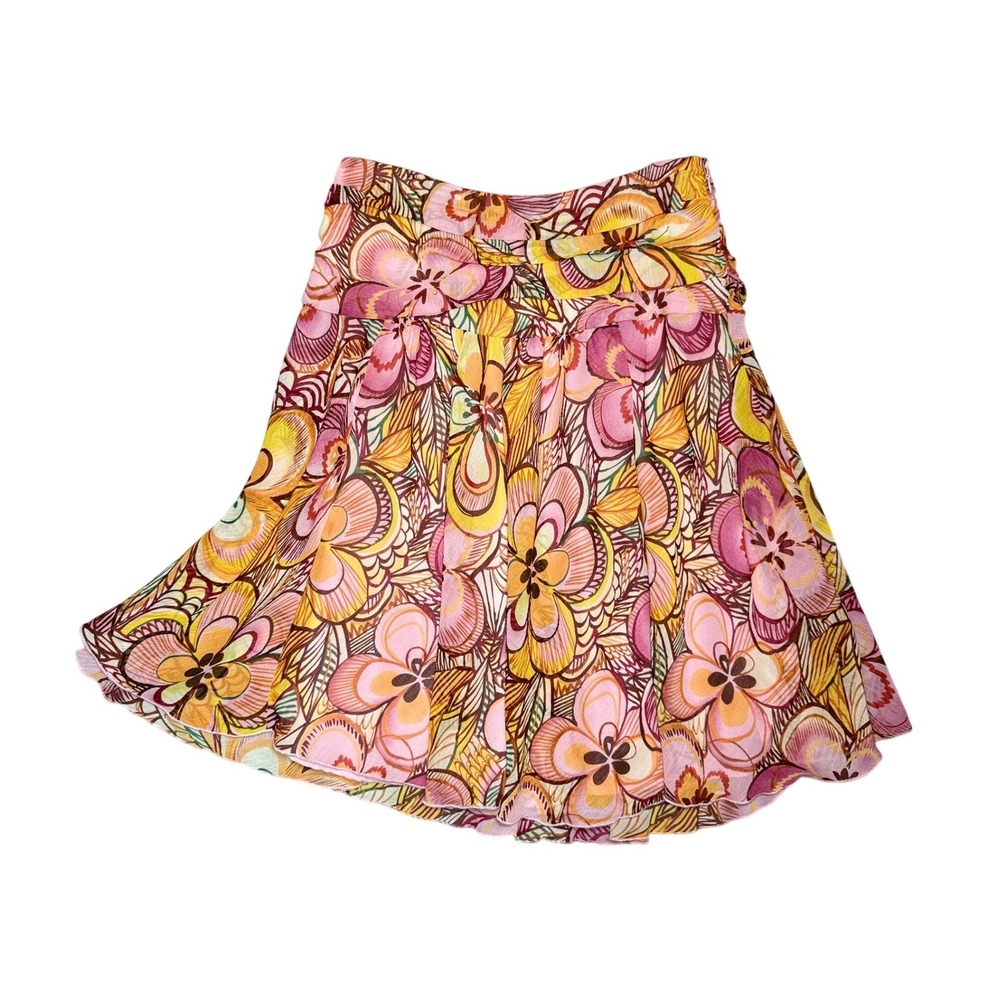 Y2K Vtg Nine West Pink Yellow Floral Chiffon A-Line Skirt Petite 8P Retro